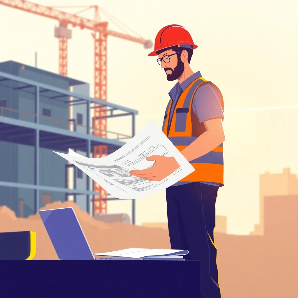 Freelancer reviewing blueprints on site