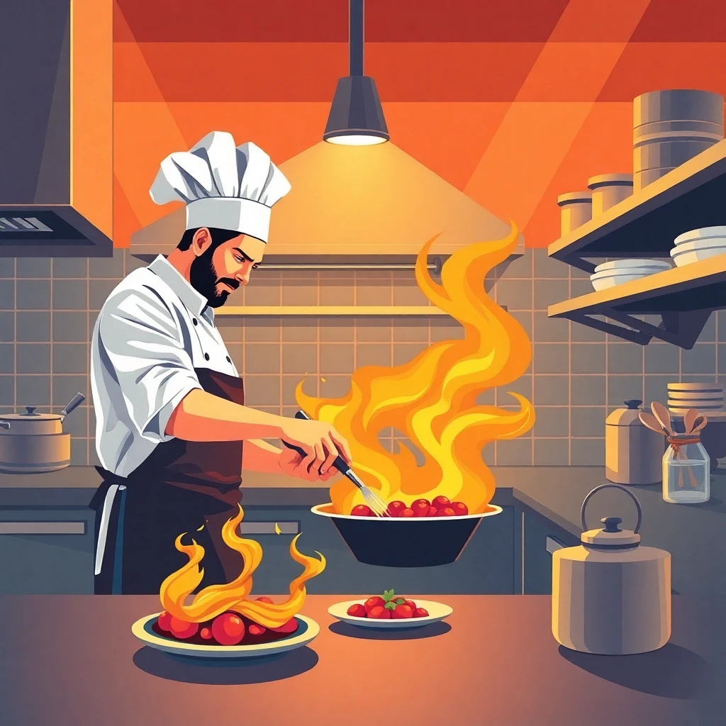 Chef trabalhando em uma cozinha de restaurante