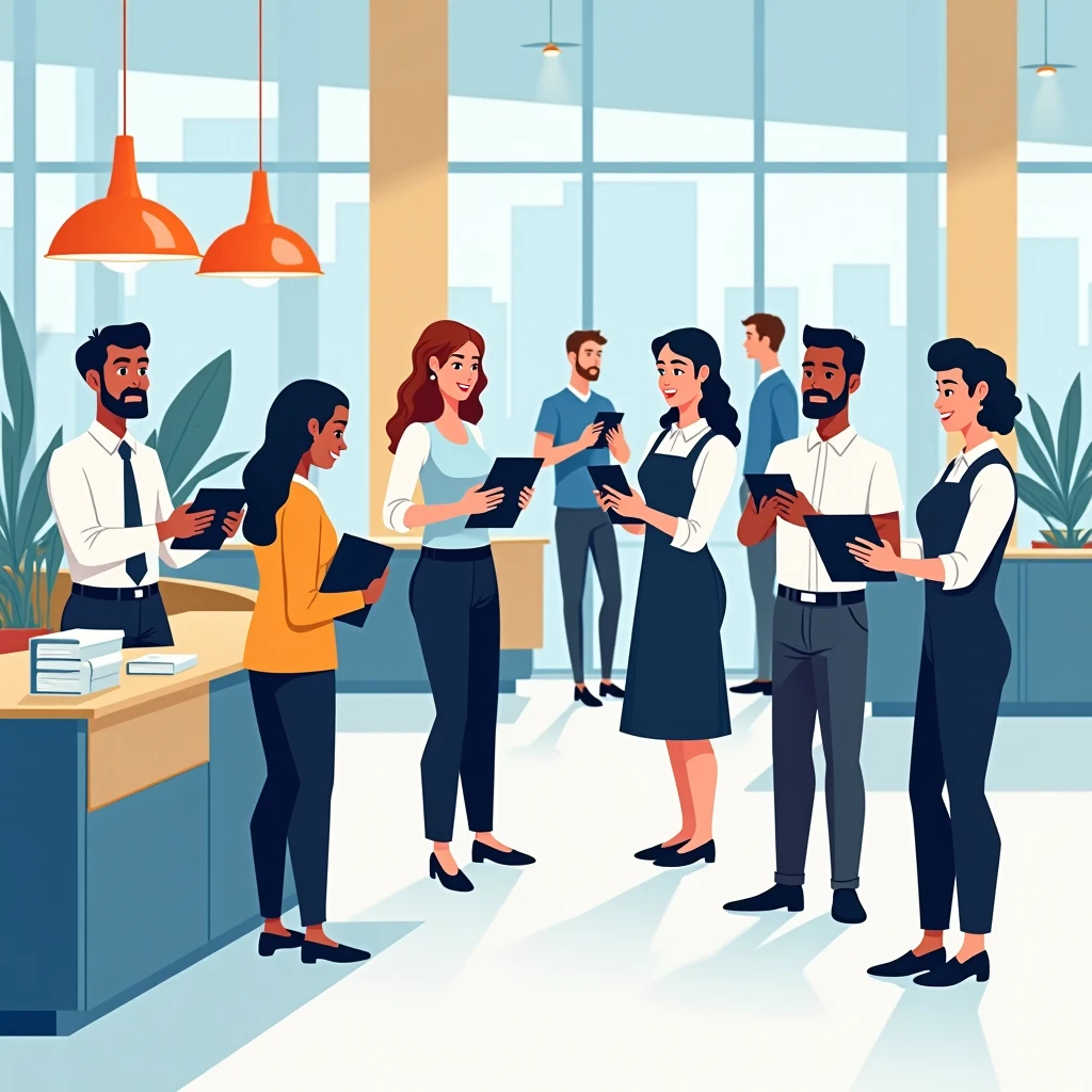 Hospitality workers engaging in a hotel lobby