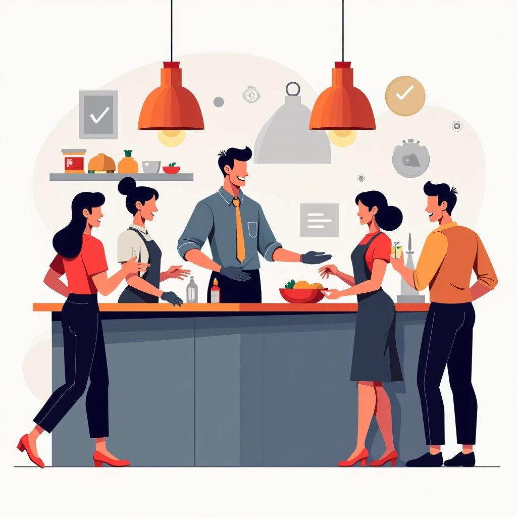 Restaurant manager with staff and guests