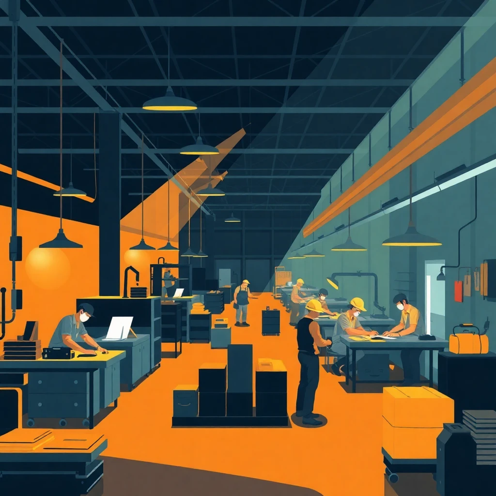 Trabalhadores em uma fábrica moderna