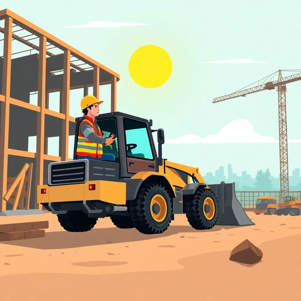 Bauarbeiter mit LKW bei Sonnenuntergang