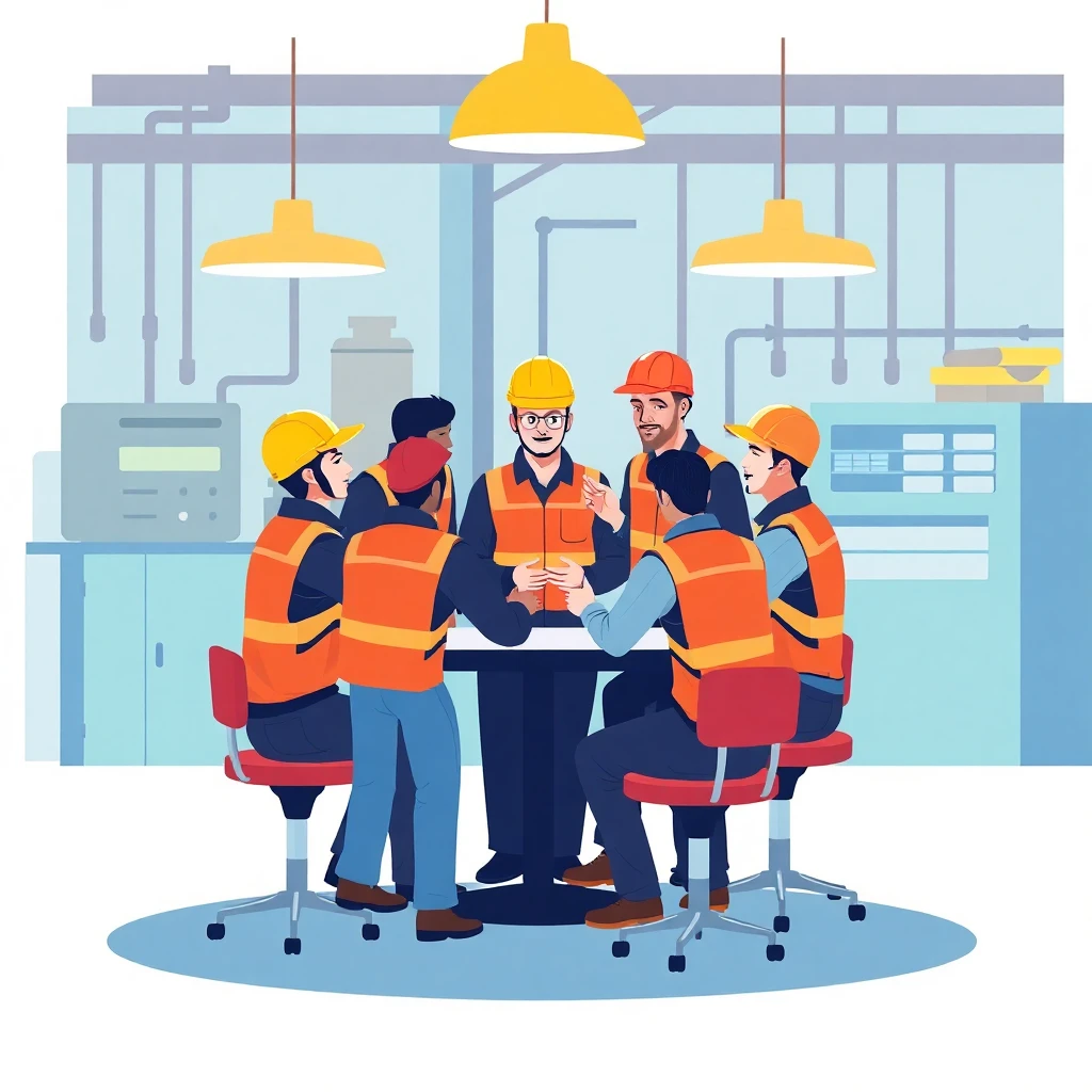 Discussion de travailleurs en usine