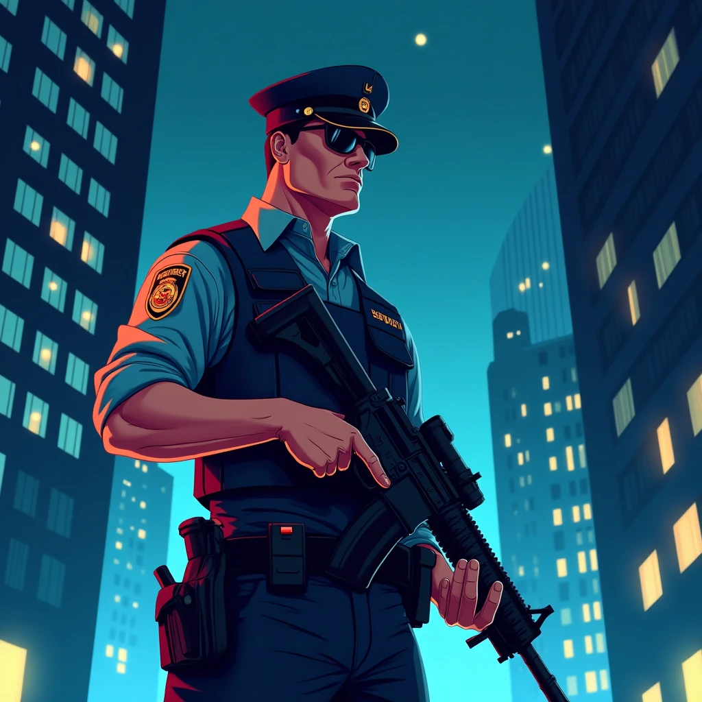 Armed security officer at night