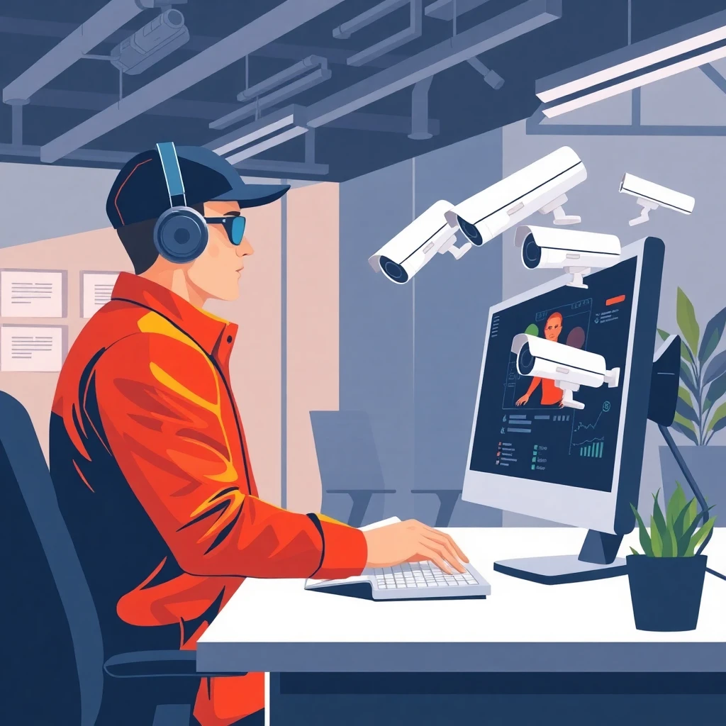 Profissional de segurança analisando imagens de câmeras