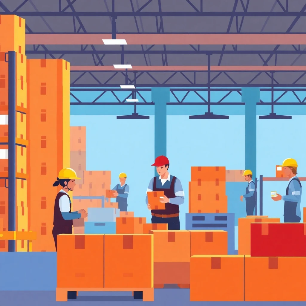 Warehouse workers organizing packages