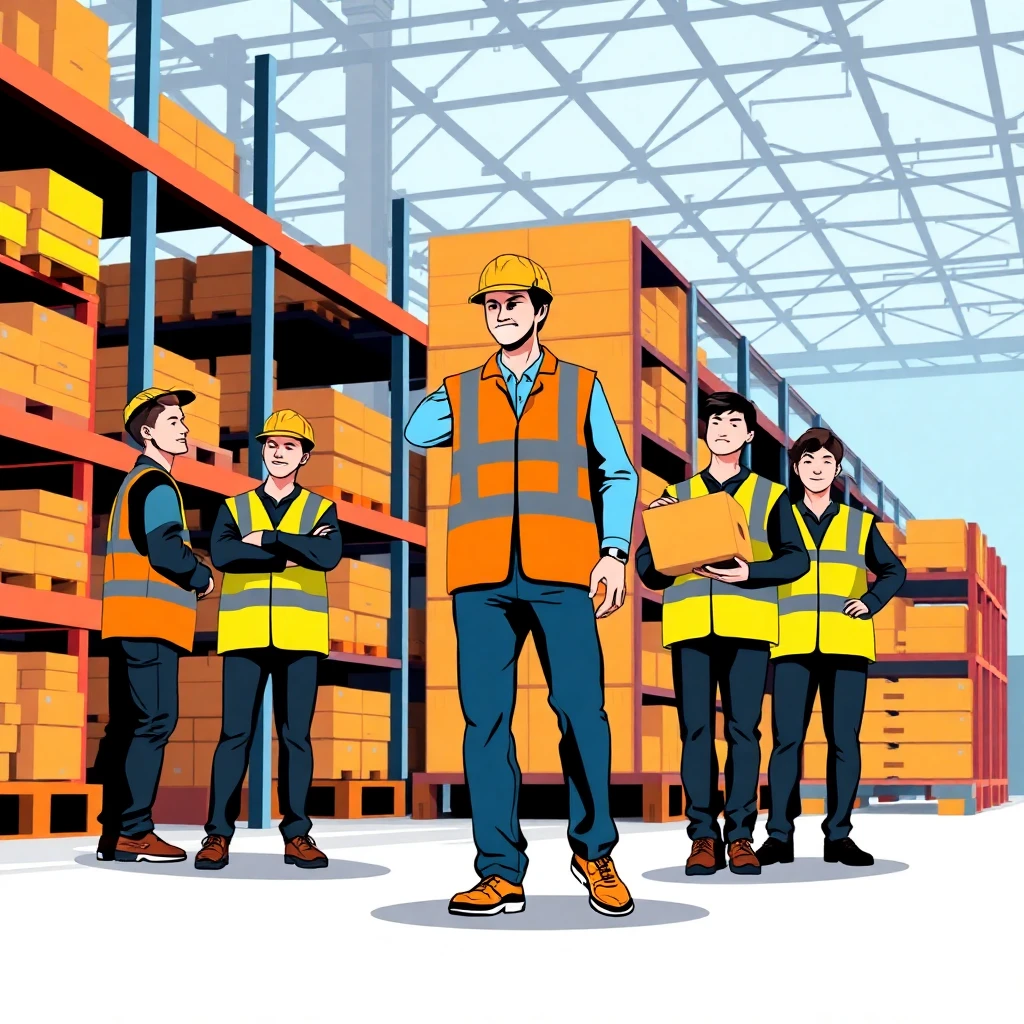 Warehouse team leader guiding workers
