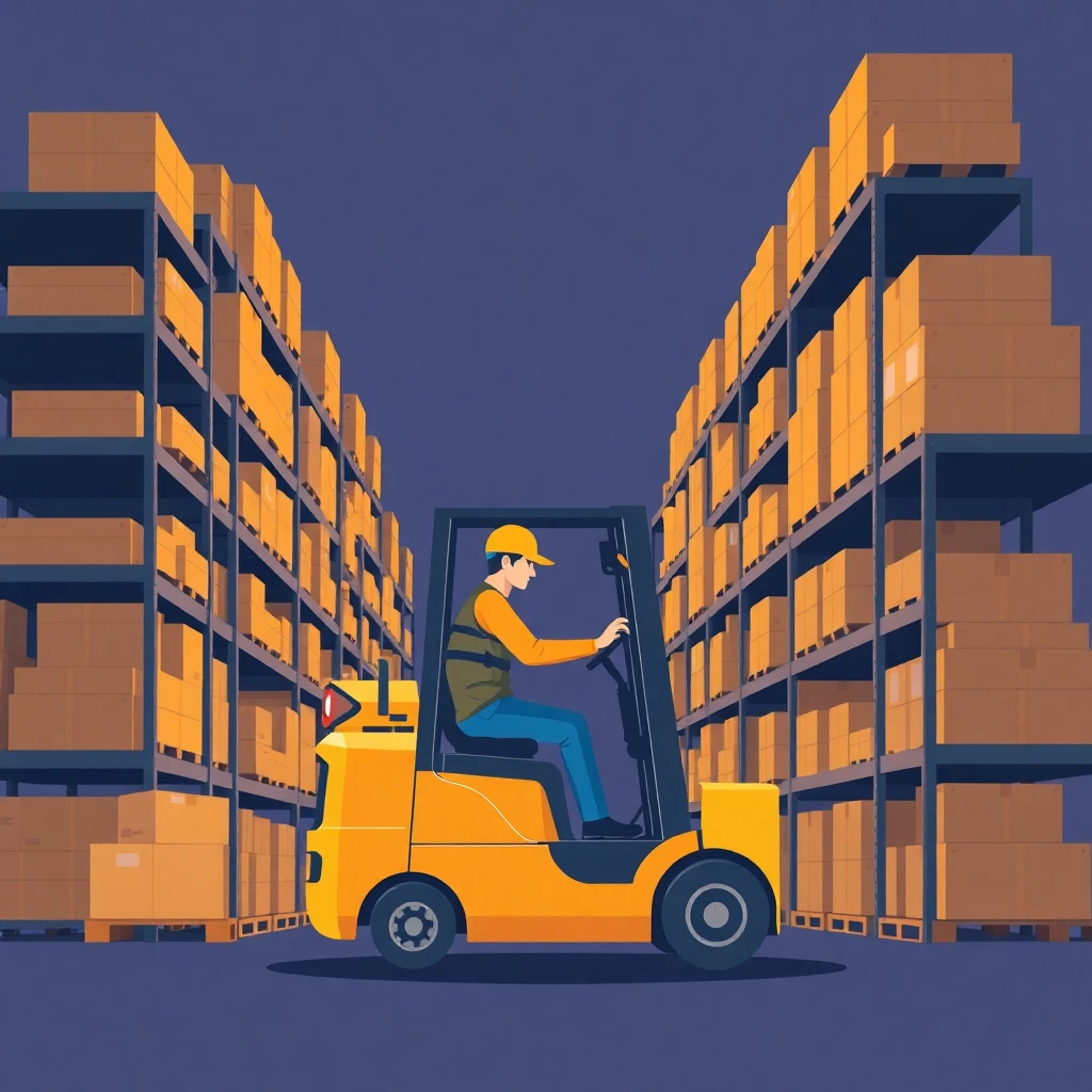 Warehouse worker operating forklift