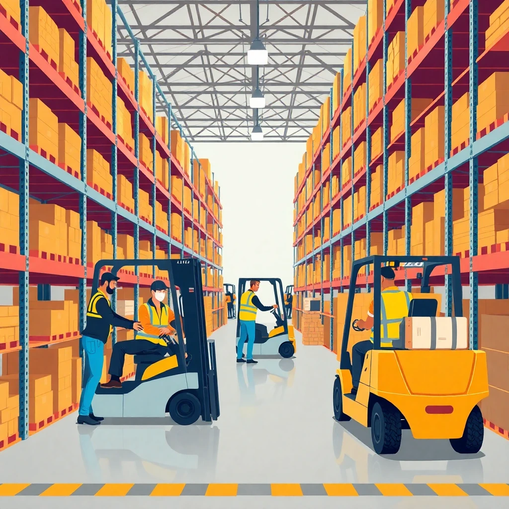 Warehouse floor with active workers