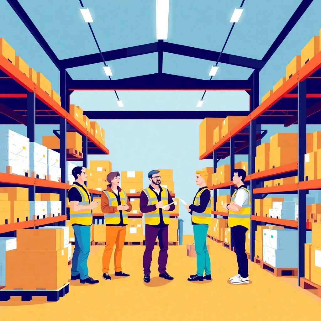 Team meeting in a warehouse