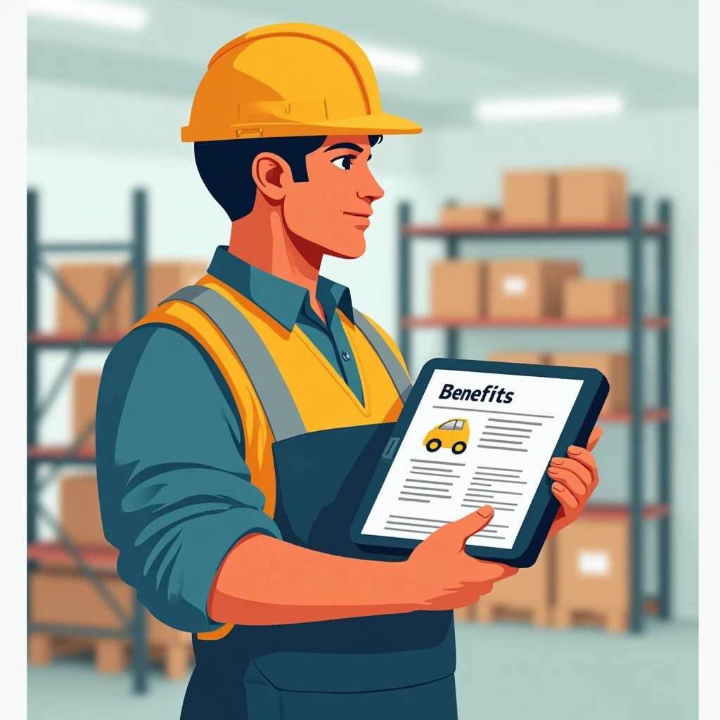 Warehouse worker reviewing benefits